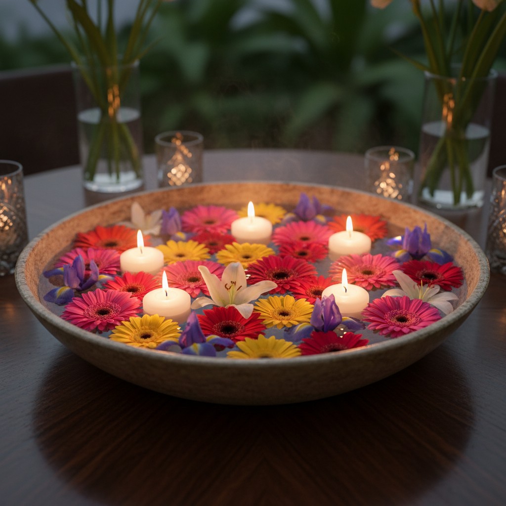 Schwimmende Lichter und Blüten in Wasserschalen